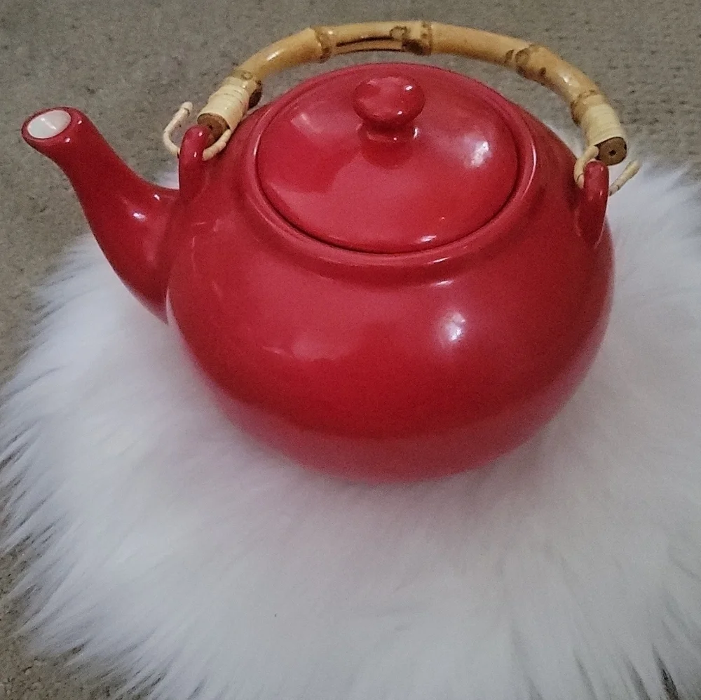 Pottery Barn Rare Vintage Sausalito Red Tea Pot with Bamboo Handle - Picture 10 of 11